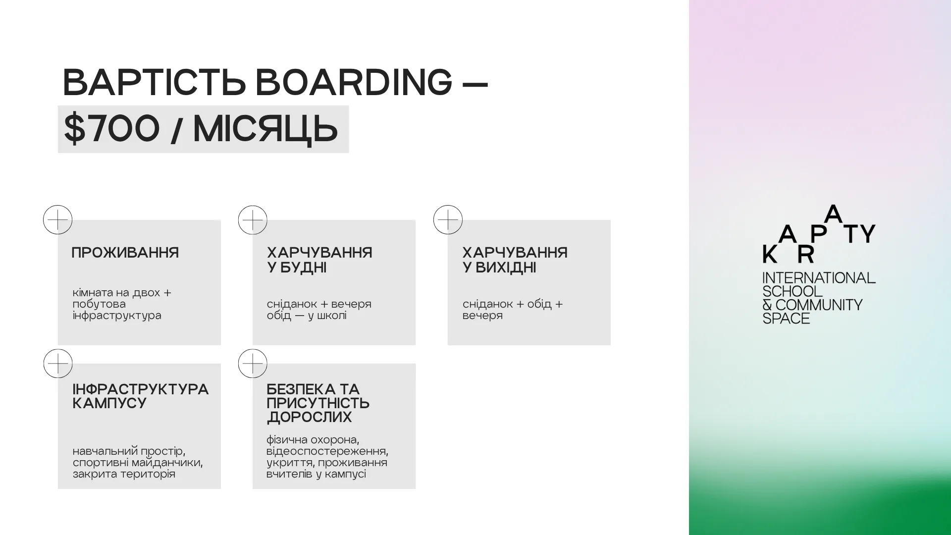 Вартість Boarding — $700 / місяць